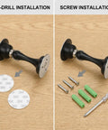 Installing Heavy Duty Matte Black Magnetic Door Stopper 2 Pack shows no-drill and screw methods, with screws and tools.