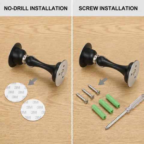Installing Heavy Duty Matte Black Magnetic Door Stopper 2 Pack shows no-drill and screw methods, with screws and tools.