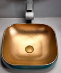 Killer Top Shelf Porcelain Vessel Sink For Above Counter Bathroom Vanity Heavy Duty Ceramic Art Basin compact square design with gold interior.
