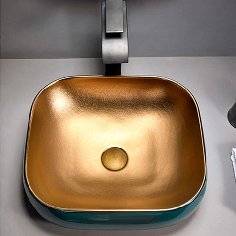 Killer Top Shelf Porcelain Vessel Sink For Above Counter Bathroom Vanity Heavy Duty Ceramic Art Basin compact square design with gold interior.