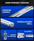 Three Eighths Inch Drive Spark Plug Socket Set with 72 Tooth Click Torque Wrench features knurled handle and spring-loaded ball.