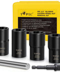 6 Piece Lug Nut Removal Kit For Damaged And Stripped Bolts, including 17 19 21 22mm sockets and hammer hit tool, on display