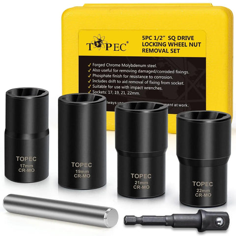6 Piece Lug Nut Removal Kit For Damaged And Stripped Bolts, including 17 19 21 22mm sockets and hammer hit tool, on display