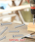 304 Stainless Steel Machine Screws 50 Piece Pack Of Standard 6-32 Thread By One Inch Extra Long Outlet Screws being used with a drill on wood.