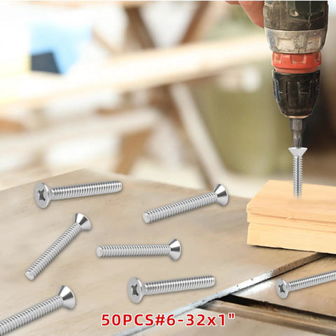 304 Stainless Steel Machine Screws 50 Piece Pack Of Standard 6-32 Thread By One Inch Extra Long Outlet Screws being used with a drill on wood.