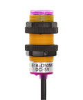 Infrared Obstacle Avoidance Sensor E18 D50NK 5V in yellow housing with 3 wire type leads for Arduino and Raspberry Pi projects.