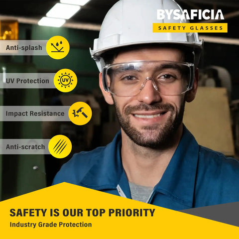 Person wearing Over Eyeglasses Safety Glasses with Anti Scratch Polycarbonate Lenses and Integrated Side Shields in industrial setting