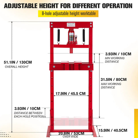 Front view of Beefy 12 Ton H Frame Shop Hydraulic Press With Adjustable Worktable And Steel Plates for various mechanical tasks.