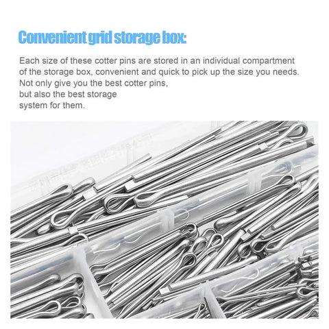 Stainless Steel Cotter Pin Kit 340Pcs Split Pins Assortment Set With M1.6 M2.5 M3.2 M4 U Shape Clips stored in a box