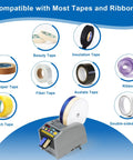 Ultra Lightweight Dual Tape Electric Ribbon Dispenser with Auto and Manual Cutter showing compatibility with various tapes and ribbons