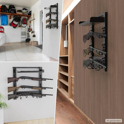 Sturdy Wall Mount Gun Rack With Shelf Holds Up To 80lbs Fits Three Rifles And Gear in garage and wood panel room