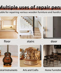 Multiple uses of Easy Peasy Furniture Markers And Wood Scratch Repair Pens With No Sweat Color Match Swatch Card for wood surfaces.