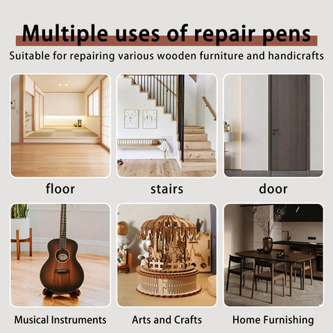 Multiple uses of Easy Peasy Furniture Markers And Wood Scratch Repair Pens With No Sweat Color Match Swatch Card for wood surfaces.