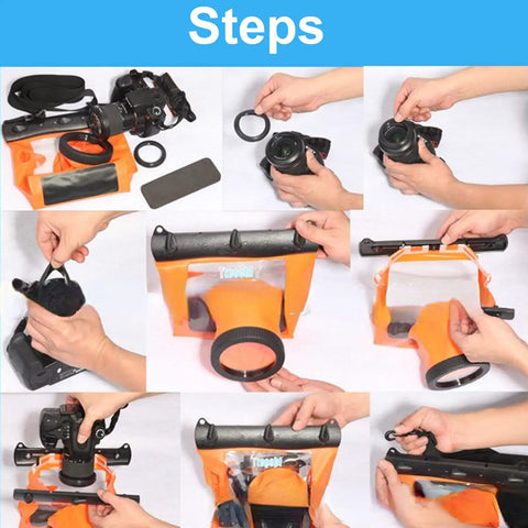 Step-by-step guide showing assembly of Underwater DSLR Housing for Deep Sea Capture Gear, 20 Meter Depth Rating Waterproof Case