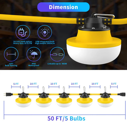 Heavy Duty Construction String Lights 100ft LED Work Light String With 10 Bulbs 100W Equivalent 14000 Lumens 5000K detail