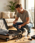 Man repairing suitcase with Heavy Duty Silent Replacement Wheels For Suitcase 360 Smooth Glide Spinner Kit.