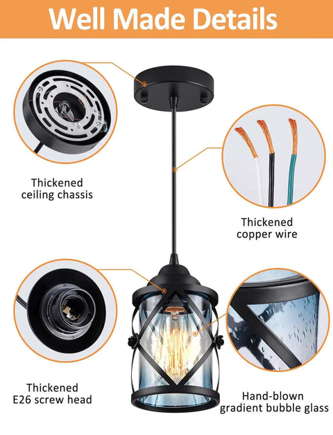 Black Pendant Lights For Kitchen Island With Glass Shades, Adjustable Hanging Ceiling Fixture, detailing components and design