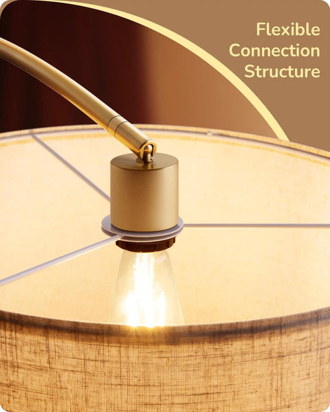 Close-up of Gold Arched Floor Lamp with remote and dimmable bulb highlighting flexible connection and adjustable shade.