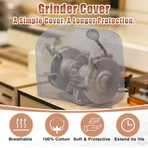 Top Shelf Two Pack Bench Grinder Covers Made From Soft Grey Cotton For Straight Up Dust Shield And Shop Ready Protection Featuring A No Sweat Universal Fit Sized At 14.5 By 14.5 By 10 Inches. Soft cotton cover shown on a bench grinder.