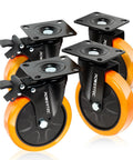 Powertec 6-inch swivel caster wheels set of 4 with dual locking brakes; orange polyurethane wheels on black steel frames (front view)