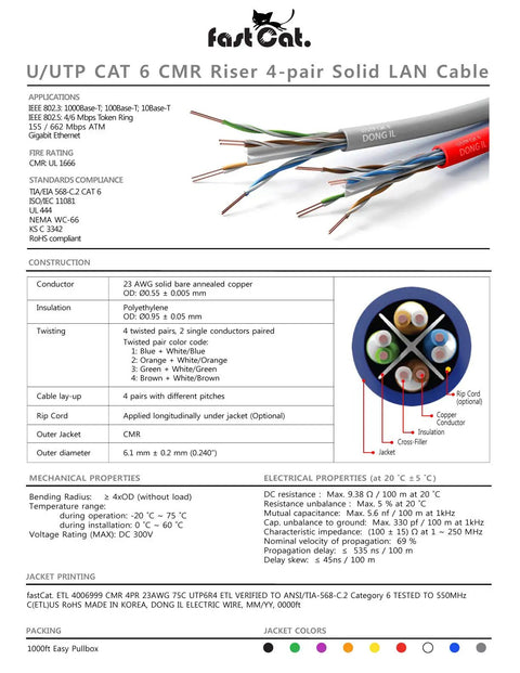 Category 6 Ethernet Cable 1000ft Blue 23 AWG CMR Insulated Solid Bare Copper Wire with Noise Reducing Cross Separator diagram