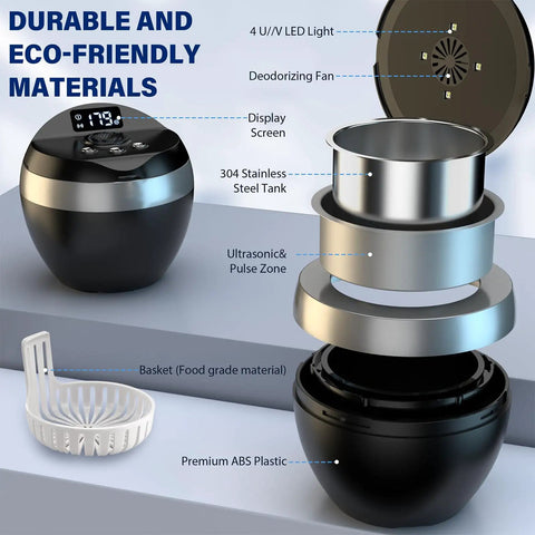 All In One Ultrasonic Retainer Cleaner For Mouthguards Aligners Braces Night Guards And Dental Appliances 200 ML 45KHz With Four Cleaning Modes Easy Clean For Rings Jewelry Cleaner Includes Cleaning Pod And Basket. 304 stainless steel tank and ABS body