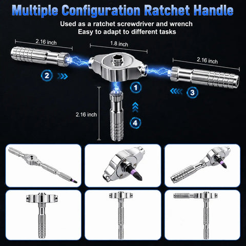 Image of a magnetic 40 in 1 screwdriver set with ratchet and T handle showing dimensions and multiple configurations.