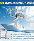 Heavy Duty Three Eighths Inch 50 Foot Boat Anchor Rope With Solid Braid MFP Marine Line Including Stainless Steel Thimble And Shackle For Boats Jet Ski Yacht Dock Saltwater Resistant Built Tough And Durable with close-up of a stainless steel thimble and shackle.