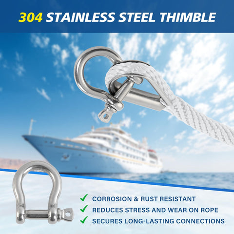 Heavy Duty Three Eighths Inch 50 Foot Boat Anchor Rope With Solid Braid MFP Marine Line Including Stainless Steel Thimble And Shackle For Boats Jet Ski Yacht Dock Saltwater Resistant Built Tough And Durable with close-up of a stainless steel thimble and shackle.