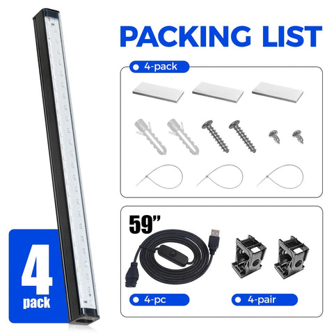 Lit Blacklight Strip Lights USB 1ft Bar, 10W, Packing list with mounting kit, 59-inch USB cable, and 4-pack UV glow light bars