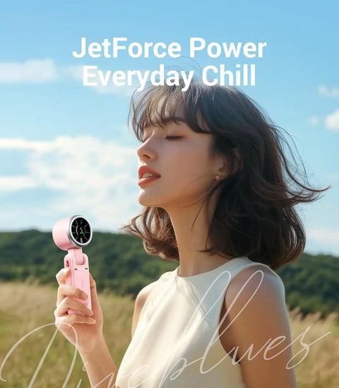 Woman holding Portable Handheld Turbo Fan With 5 Gear Wind, Battery Operated, Up To 12 Hours Run Time in a field
