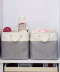 Chunky Foldable Linen Fabric Storage Basket With Tough Cotton Rope Handles, Collapsible Cube Bin For Closets, Laundry Hampers And Laid Back Home Organization, Quick Fold Space Saver with toys and clothes.