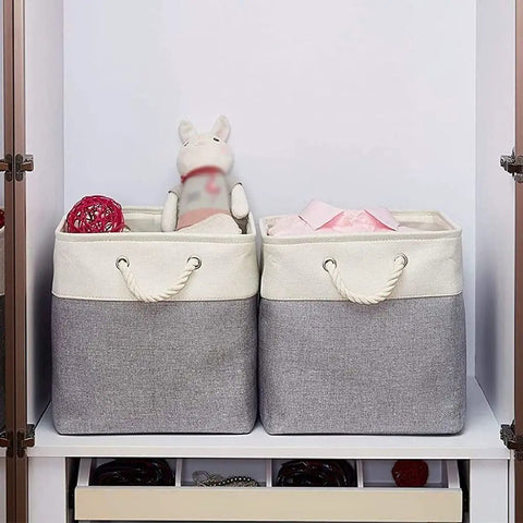 Chunky Foldable Linen Fabric Storage Basket With Tough Cotton Rope Handles, Collapsible Cube Bin For Closets, Laundry Hampers And Laid Back Home Organization, Quick Fold Space Saver with toys and clothes.