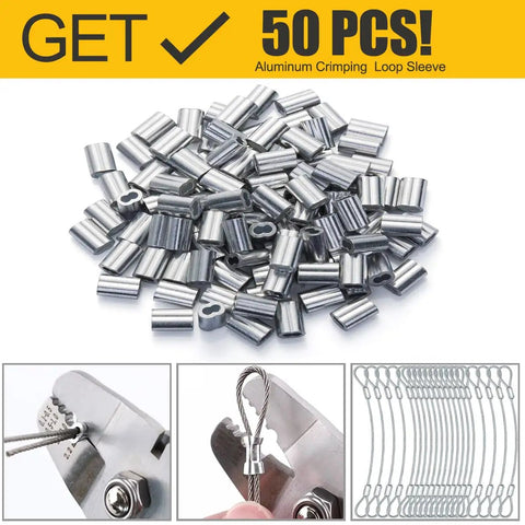 Image showing 50 aluminum crimping sleeves from One Sixteenth Inch Stainless Steel Wire Rope Kit, 100 Feet, Includes 50 Aluminum Crimping Sleeves.