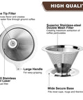 Stainless Steel Pour Over Coffee Filter Dripper For One To Two Cups, Paperless Reusable Coffee Maker, components highlighted