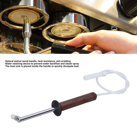 Espresso Machine Cleaning Brush With Detachable Head, High Temp Steam Tool used on group head, walnut handle visible