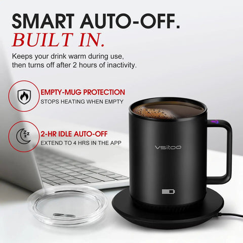 Smart AI Temp Control Heated Coffee Mug With Auto Beverage Detection Keeps Your Espresso Straight Up Smooth And Hella Toasty Through Lazy Weekend Vibes And Daily Grinds on desk with lid and auto-off features.