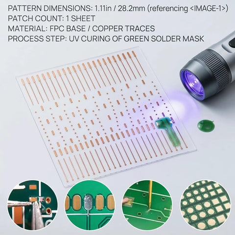 Pro Grade PCB Solder Pad Sheet With 208 Repair Spots For Microsoldering and Jump Wires, UV curing tool visible