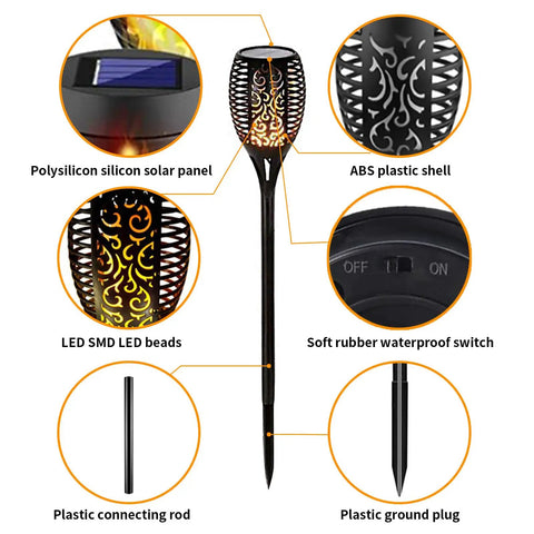 Lit Outdoor Solar Torch Lights Flickering Flame Set Of 12 LED Solar Garden Lights For Pathway Patio Yard Waterproof Auto On Off Each Light Measures 20.4 Inches Long And 2.9 Inches Wide components like ABS shell and solar panel