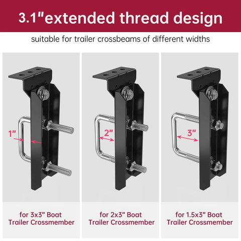 3.1 inch extended thread design for various boat trailer crossmembers, part of Rock Solid Universal 4 Pcs 8 Inch Boat Trailer Bunk Brackets.