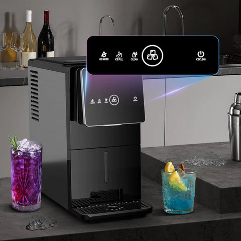 Chewable Nugget Ice Maker For Home And Office, 33 Lbs Per Day, with touch control panel, in a kitchen setting with drinks nearby.