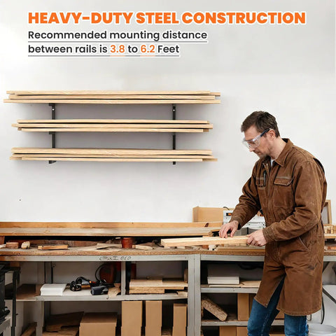 Heavy-Duty Wall Mounted Lumber Rack, Beefy Three-Tier Garage Shelf And Shop Wood Organizer, Rock Solid 500 Lb Capacity To Store Firewood And Metal Pipes, Black Two Pack Space Saver