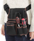 Top Shelf Electrician Tool Belt With Spacious Multi Pocket Waist Pouch Rugged Industrial Build and Slick Hustle Proof Fit, holding various tools.