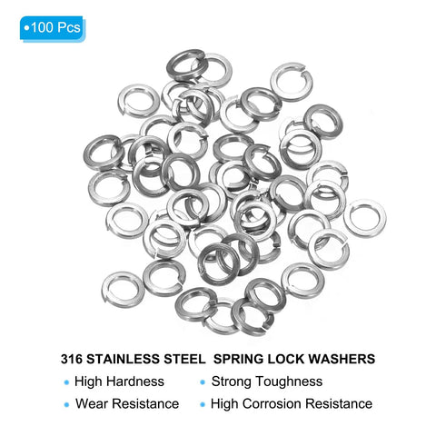 100 Pack 1/8 Inch Spring Lock Washers Made From Solid 316 Stainless Steel Split Helical Elastic Gasket For Screws Bolts Vibration Resistant Hex Nut Retainer Hardware Tool Lock Fasteners Keep Things Tight No Slack Allowed, showing a pile of stainless steel lock washers.