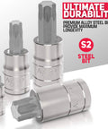 Close-up of Neiko CR-V and S2 steel bits from 60-Piece Master Torx Bit Socket And External Torx Socket Set In S2 And Cr-V Steel, Supreme Torque Output.