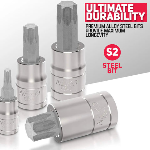 Close-up of Neiko CR-V and S2 steel bits from 60-Piece Master Torx Bit Socket And External Torx Socket Set In S2 And Cr-V Steel, Supreme Torque Output.
