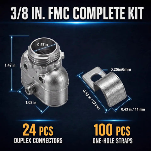 Heavy Duty Pro Gear 124 Piece Electrical Conduit Kit Featuring Rock Solid Zinc Box Fittings And Durable Plated Steel Cable Clips For No Hassle Flex AC NM Wire Routing, 3/8 in. duplex connectors and one-hole straps.