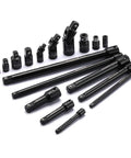 Heavy Duty Drive Tool Accessory Set With CR-V Steel And Black Phosphate Finish Includes Socket Adapters Extension Bars Universal Joints And Impact Coupler For Professional Socket Accessories 18 Piece Kit displayed in an organized layout