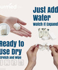 On The Go Mini Water Activated Towel Tablets expanding from tablets into washcloths with hand holding expanded towel.