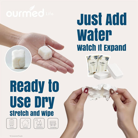 On The Go Mini Water Activated Towel Tablets expanding from tablets into washcloths with hand holding expanded towel.